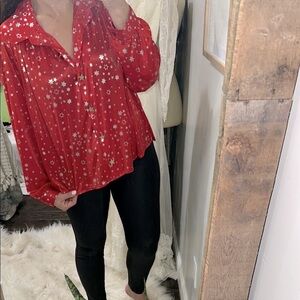Joanna vintage Red & Silver star print Long Sleeve Blouse size large